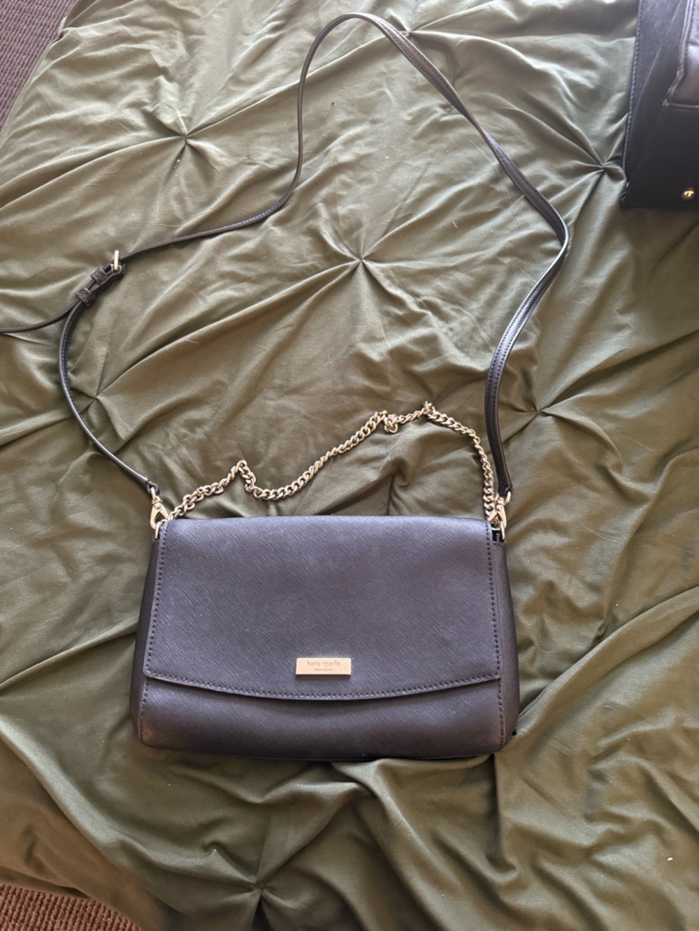 kate spade black leather crossbody with gold chain